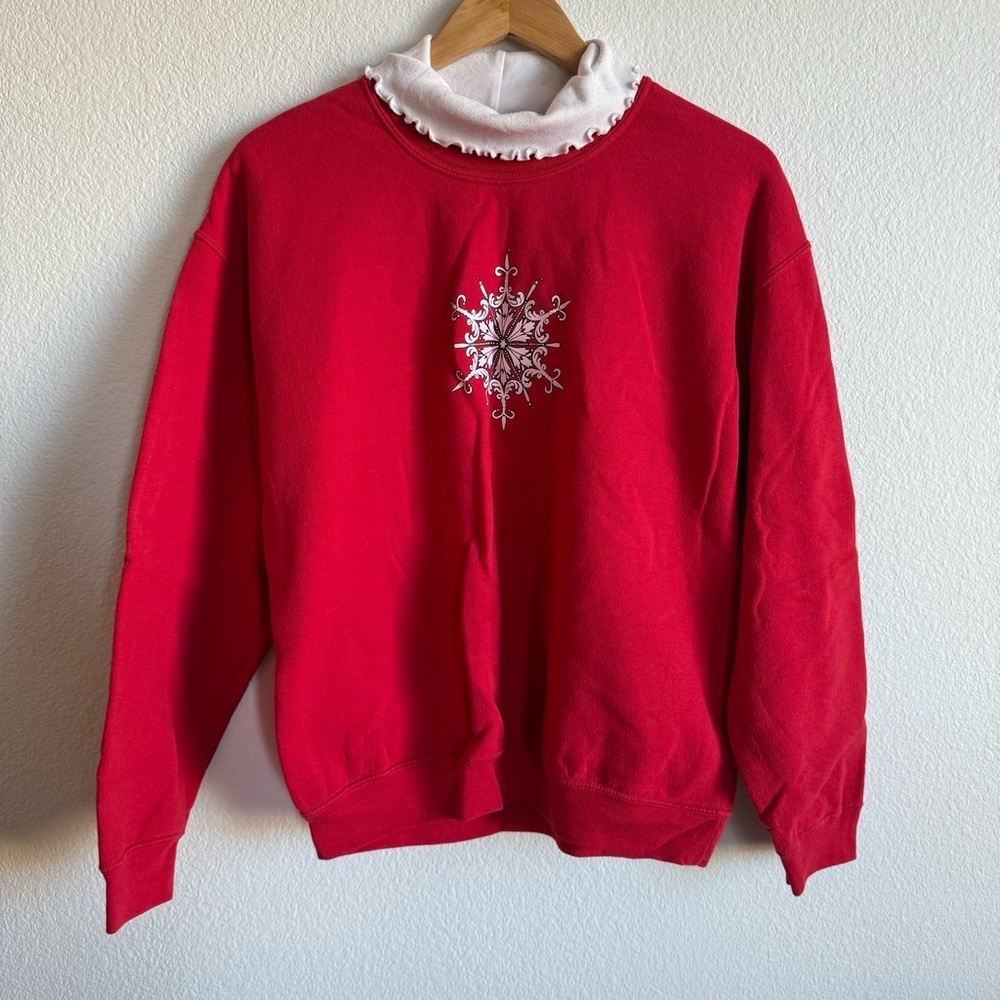 Vintage Red Snowflake Sweatshirt Mock Neck Cottagecore 90s Holiday Size Medium